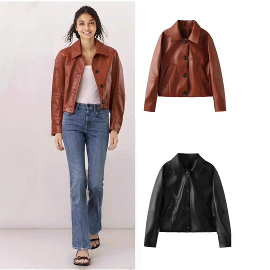 Damen Kunstlederjacke mit modernen Knopfdetails EB