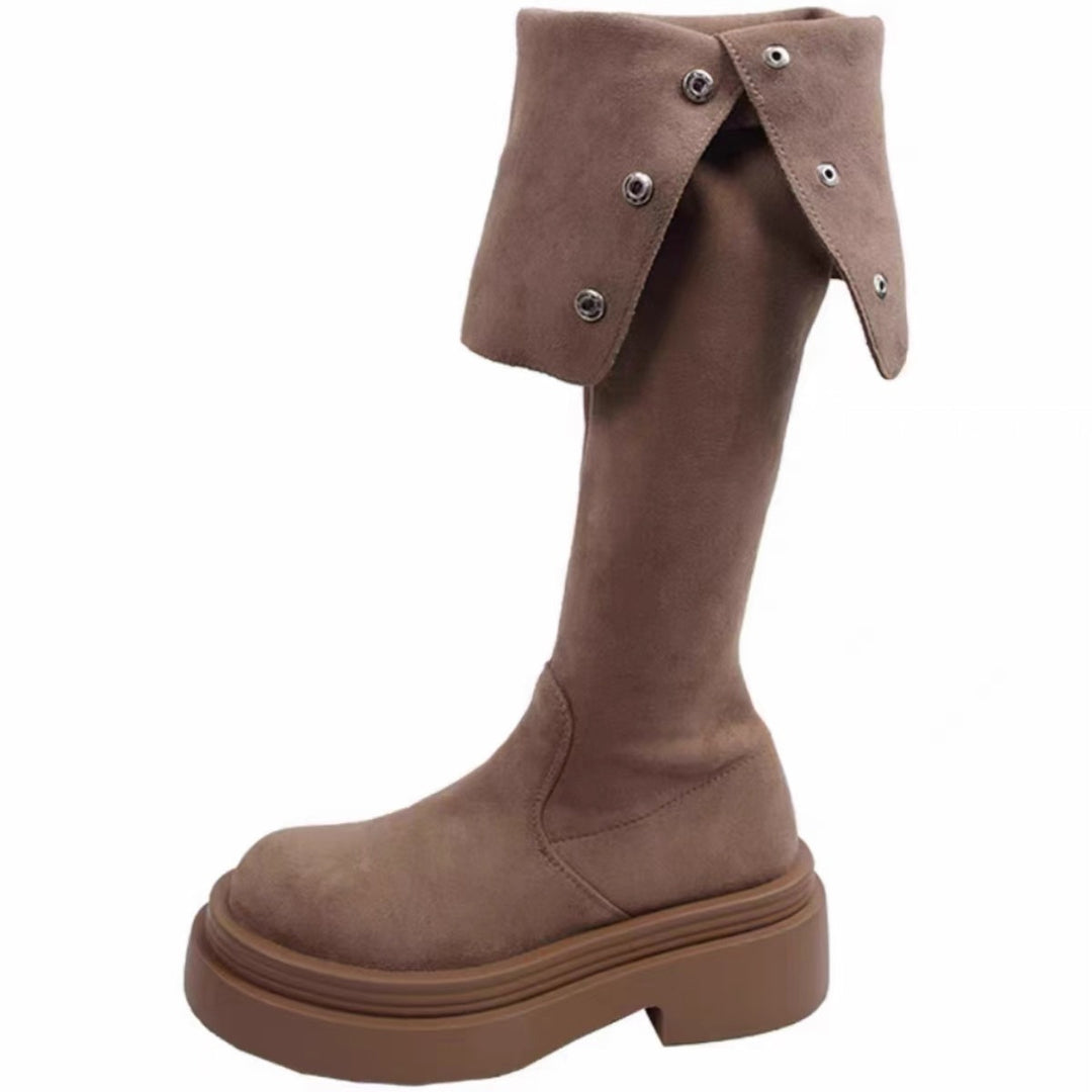 Damen Hohe Stiefel mit modischem Gürtel und Plateau-Sohle EB
