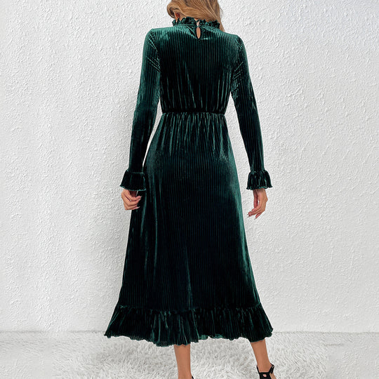 Damen Midikleid aus plissiertem Samt mit Stehkragen geraffter Taille und Volant-Saum Eichborn Berlin