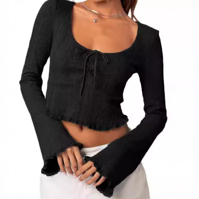 Damen Cropped Top mit Schnüroptik und Spitzenverzierungen EB