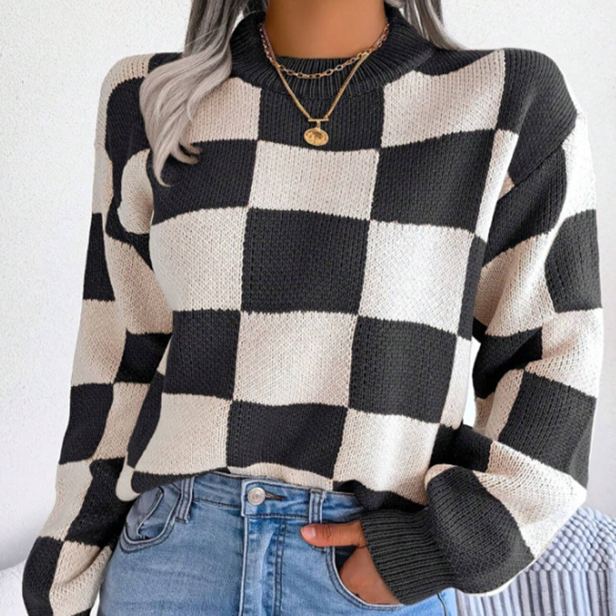 Damen Gemusterter Strickpullover mit Karomuster und modischem Rundhalsausschnitt EB