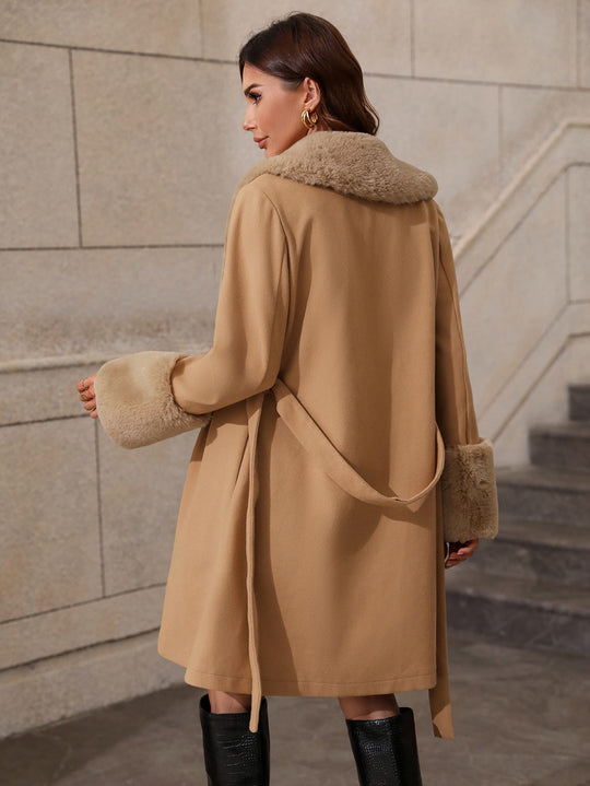 Damen Elegante Übergangsjacke mit weichem Kragen und Bindegürtel EB