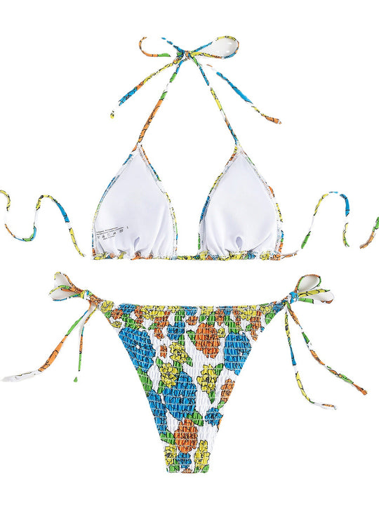 Damen Triangel-Bikini mit floralem Design und verstellbaren Bindebändern EB