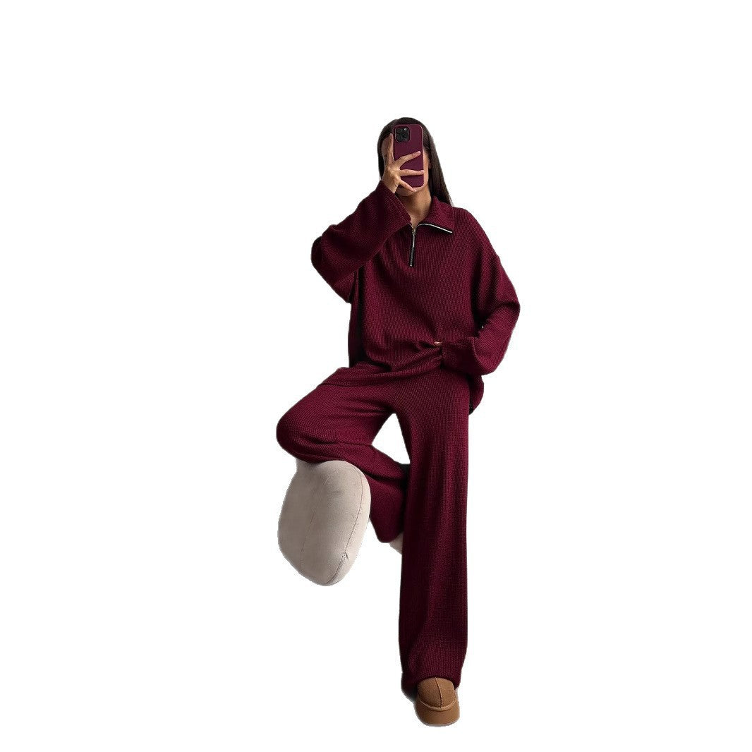 Damen Oversize Strick-Lounge-Set mit halbem Reißverschluss und weitem Bein EB