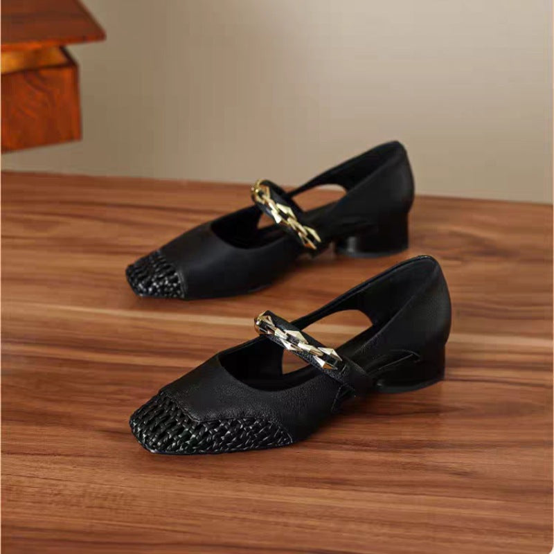 Damen elegante Ballerinas mit modischem Riemchen und stilvollem Absatz EB