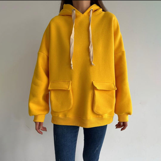 Damen nan Oversize-Kapuzenpullover mit aufgesetzten Klappentaschen und extra-langen Kordeln EB