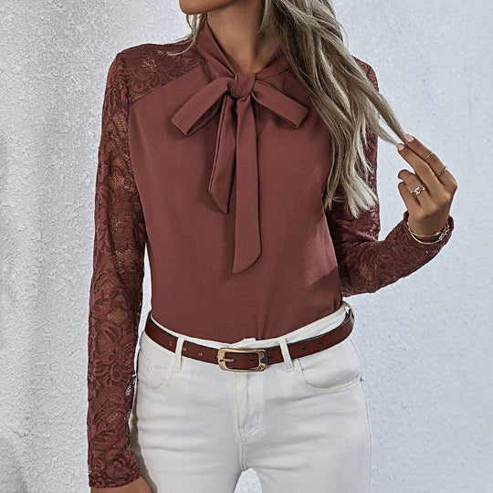 Damen Bluse mit Rüschendetails und Schleifenkragen EB