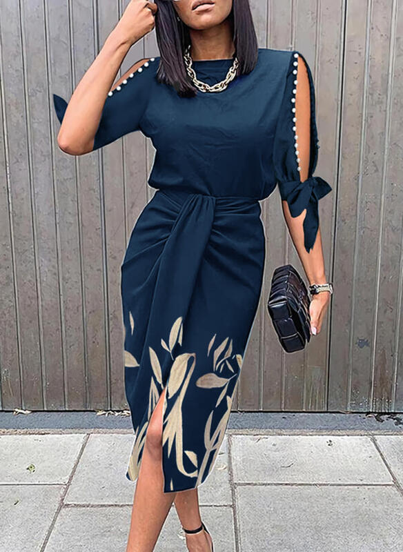 Damen Midikleid mit elegantem Bindegürtel und modischen Cut-Out-Ärmeln EB
