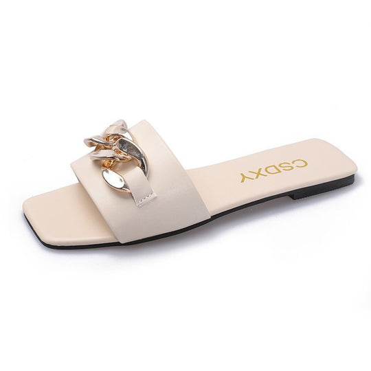 Damen Modische Flach-Sandalen mit dekorativem Ketten-Detail EB