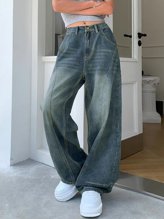 Damen Weite High-Waist Jeans mit markanten Steppnähten und weitem Schnitt EB