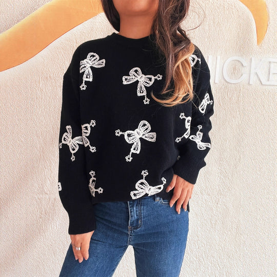Damen Pullover mit verspieltem Schleifenmotiv und lässigem Schnitt EB