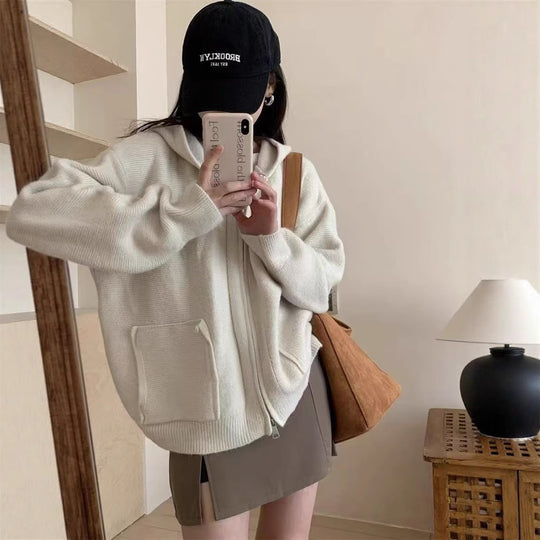 Damen Casual Oversized Strickjacke mit Kapuze und Taschen EB