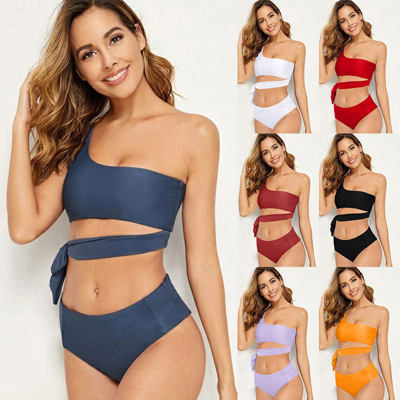 Damen One-Shoulder Bikini mit hoher Taille und seitlichem Bindeband EB