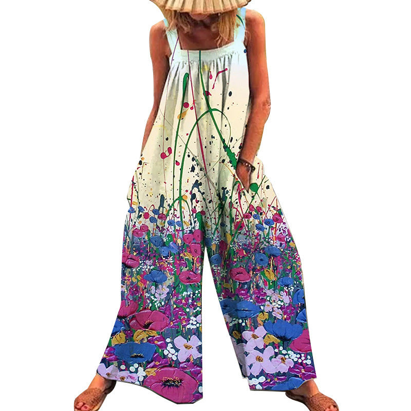 Damen lässiger Jumpsuit mit floralem Muster und weitem Schnitt EB