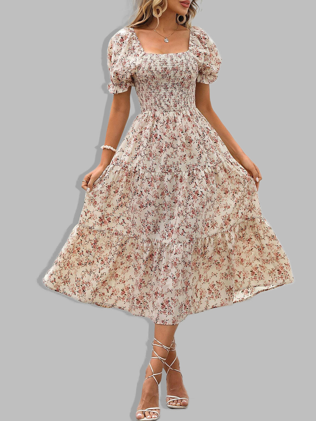 Damen romantisches Midikleid mit Puffärmeln und floralem Design EB