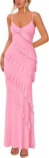 Damen Maxikleid mit Rüschen und Spaghettiträgern EB