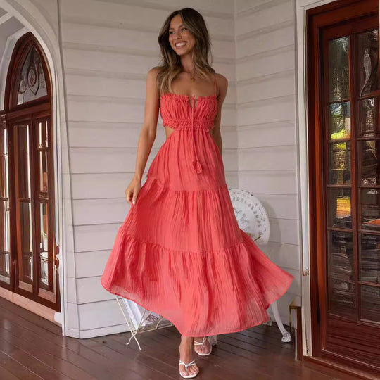 Damen luftiges Maxikleid mit Rüschendetails und verstellbarem Taillenband EB