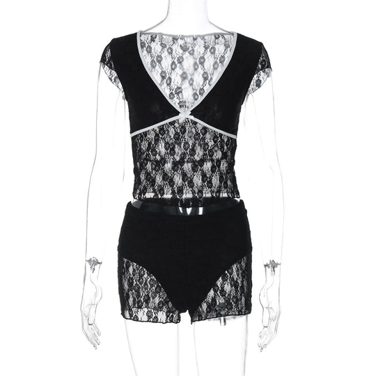 Damen Spitzenoberteil mit Shorts-Set EB