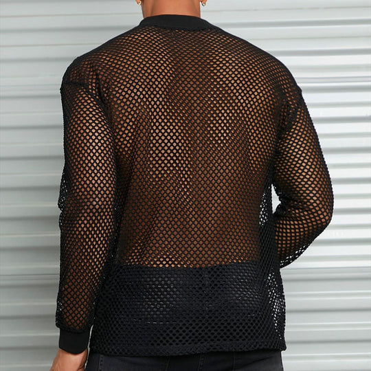 Herren nan transparentes Netz-Langarmshirt mit Rundhals und gerippten Bündchen EB