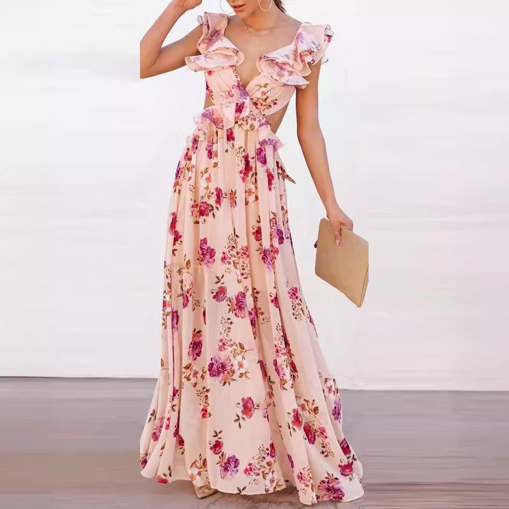 Damen Elegantes Maxikleid mit Rüschendetails und floralem Design EB