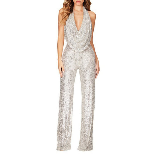 Damen Glitzerndes Jumpsuit mit tiefem V-Ausschnitt und weitem Bein EB