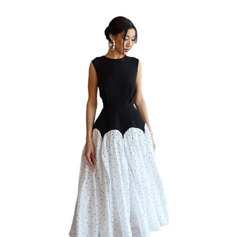 Damen elegantes Maxikleid mit gepunktetem Rockteil und tailliertem Oberteil EB