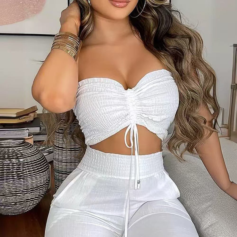 Damen lässiges Set aus Crop-Top und weiten Hosen EB