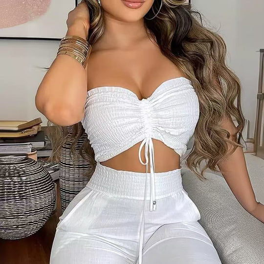 Damen Set aus Crop Top und Weitbein-Hose mit Raffdetails EB