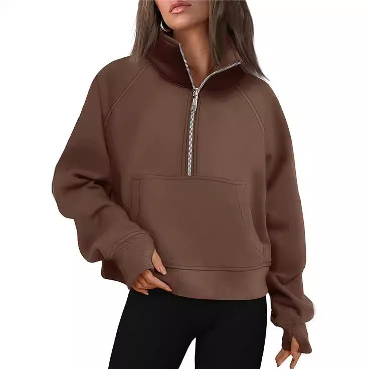 Damen nan cropped Halbzip-Sweatshirt mit hohem Stehkragen, Kängurutasche und überschnittener Schulter EB
