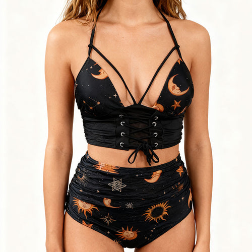 Damen High-Waist Bikini mit detailreicher Schnürung und celestial Druck EB