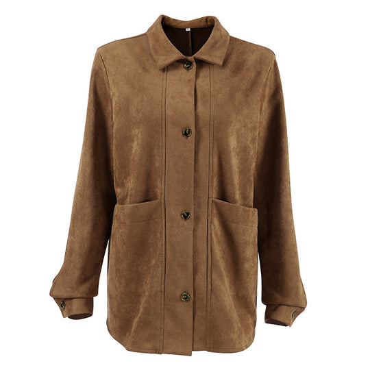 Damen Modische Wildlederjacke mit Druckknopfverschluss und praktischen Taschen EB