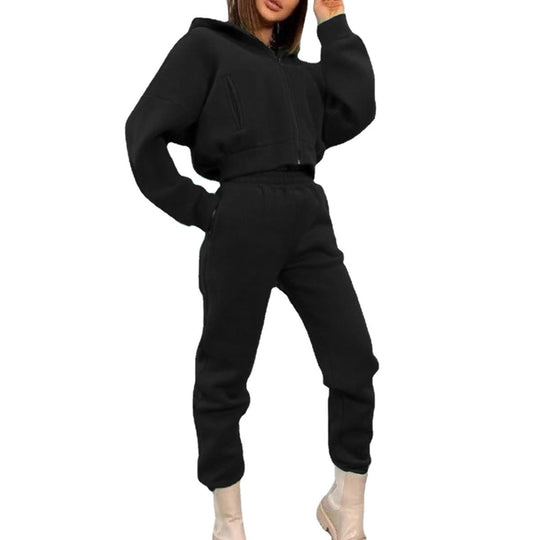 Damen komfortabler Oversize-Zweiteiler Jogginganzug mit Kapuzenhalbzip, elastischem Highwaist-Bund und Kängurutaschen EB
