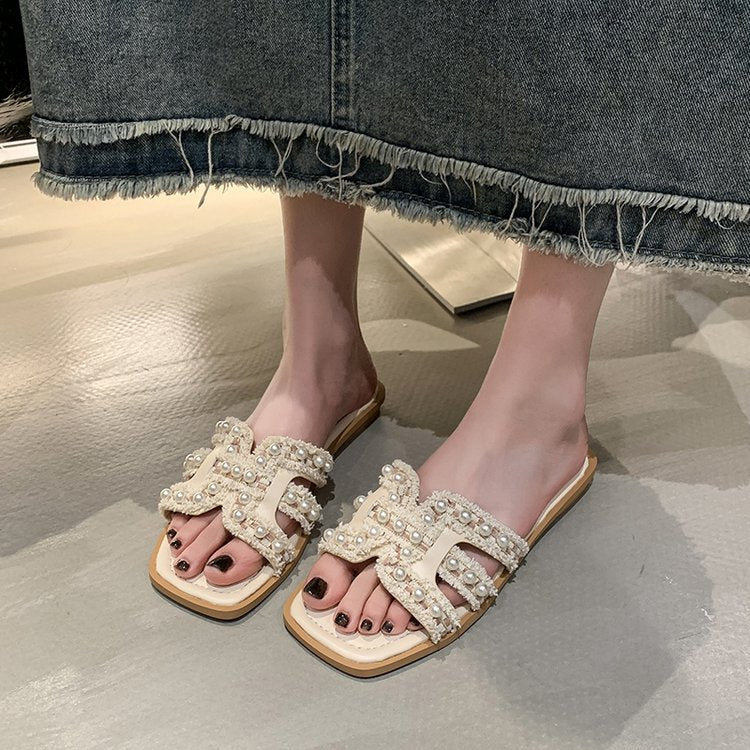 Damen elegante Mules mit Perlenverzierung EB