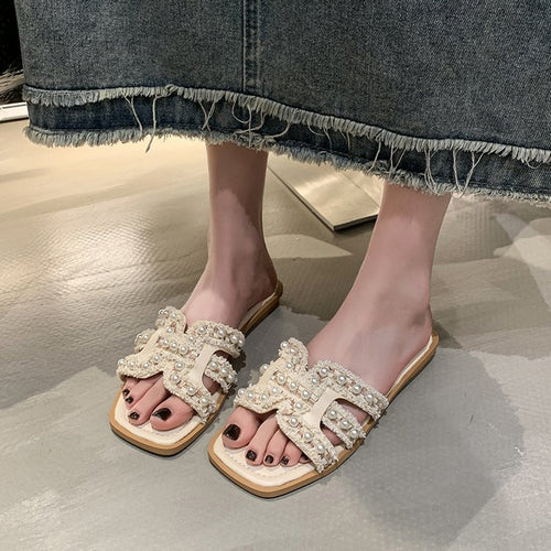 Damen elegante Mules mit Perlenverzierung EB