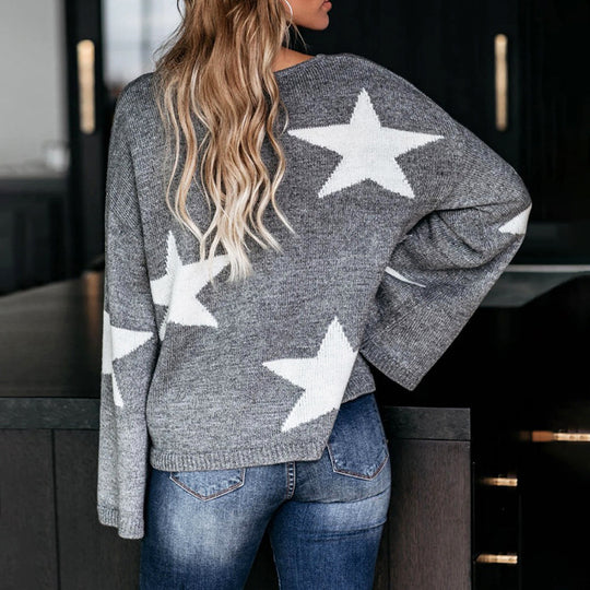 Damen modischer Pullover mit weit ausladenden Ärmeln und Sternenmotiv EB