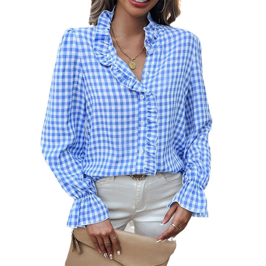 Damen Karierte Bluse mit Rüschendetails und Knopfleiste EB
