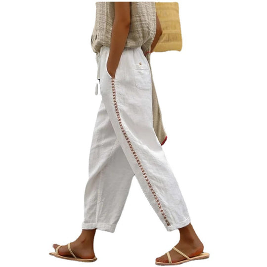 Damen Leichte Leinenhose mit seitlichen Knopfdetails EB