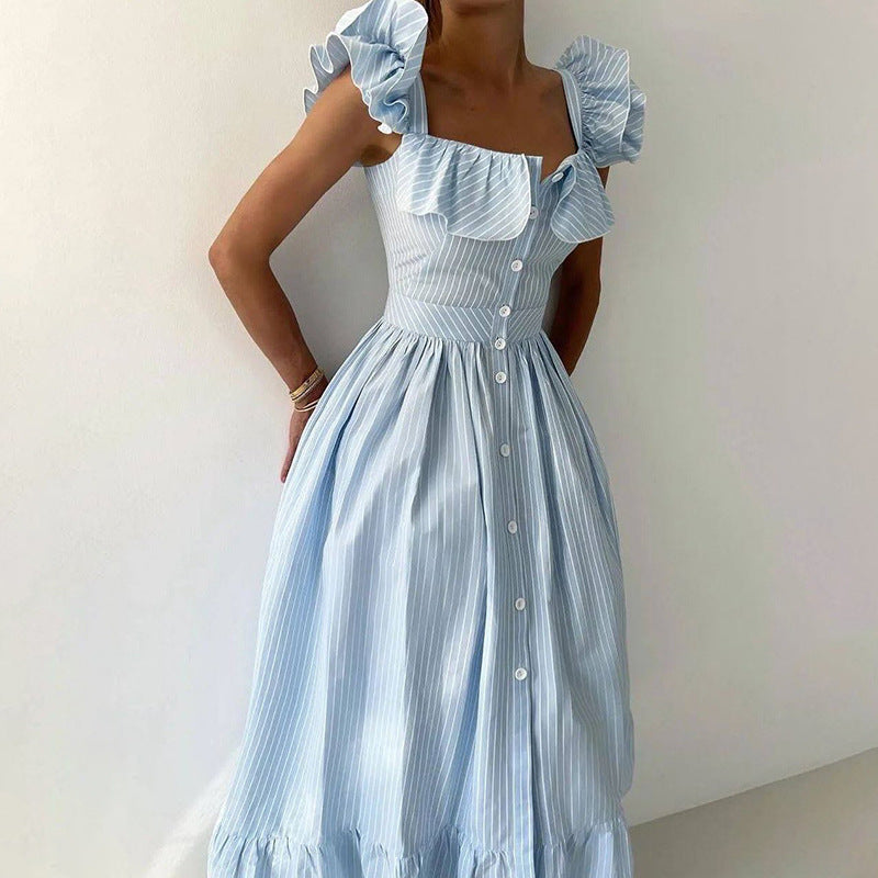 Damen Maxikleid mit Rüschendetails und Knopfleiste EB