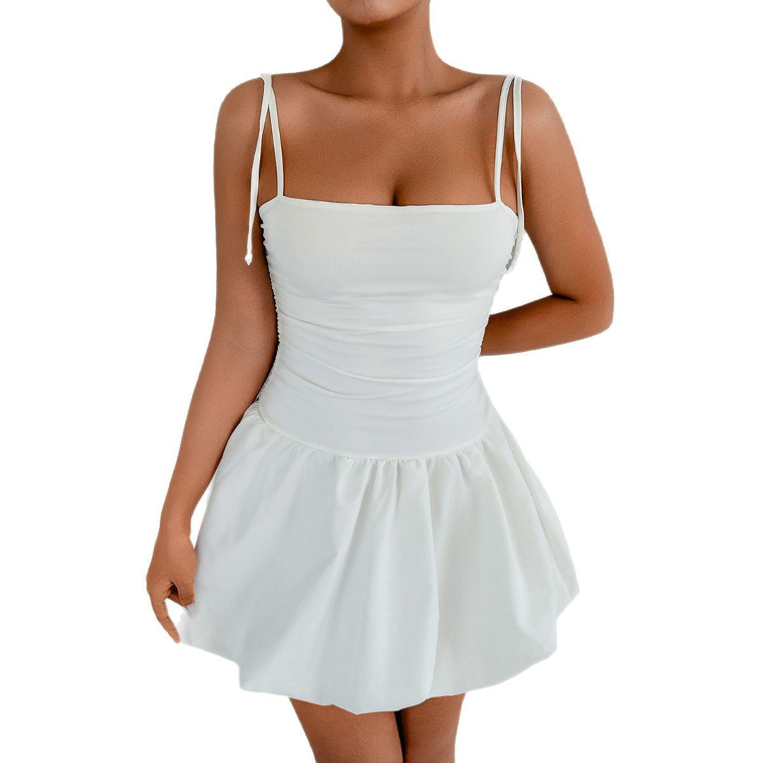 Damen verspieltes Minikleid mit Spaghetti-Trägern und gerafftem Rock EB