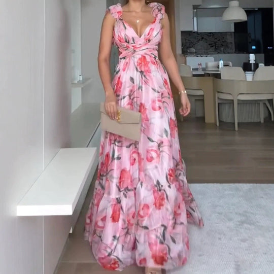 Damen Maxi-Kleid mit floralen Rüschen und schwingendem Design EB