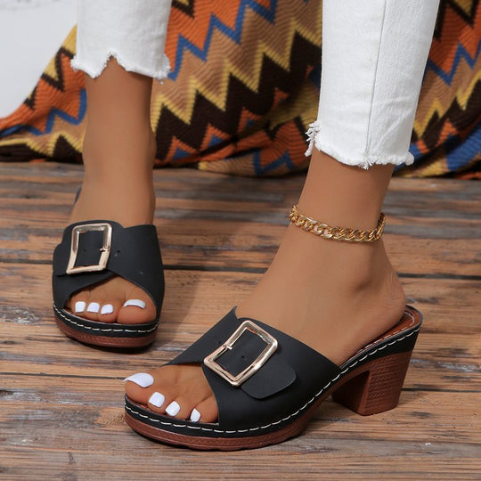 Damen Offene Slip-On Mules mit mittelhohem Blockabsatz und großer Zierschnalle EB
