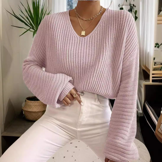 Damen lässiger Sweater mit weitem V-Ausschnitt und langen Ärmeln EB