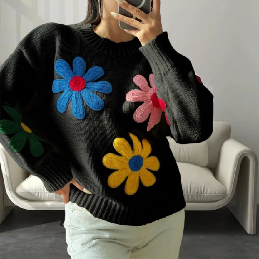 Damen Boxy-Strickpullover mit bunten 3D-Blumenapplikationen EB