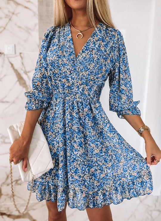 Damen Sommerkleid mit floralem V-Ausschnitt und voluminösen Ärmeln EB