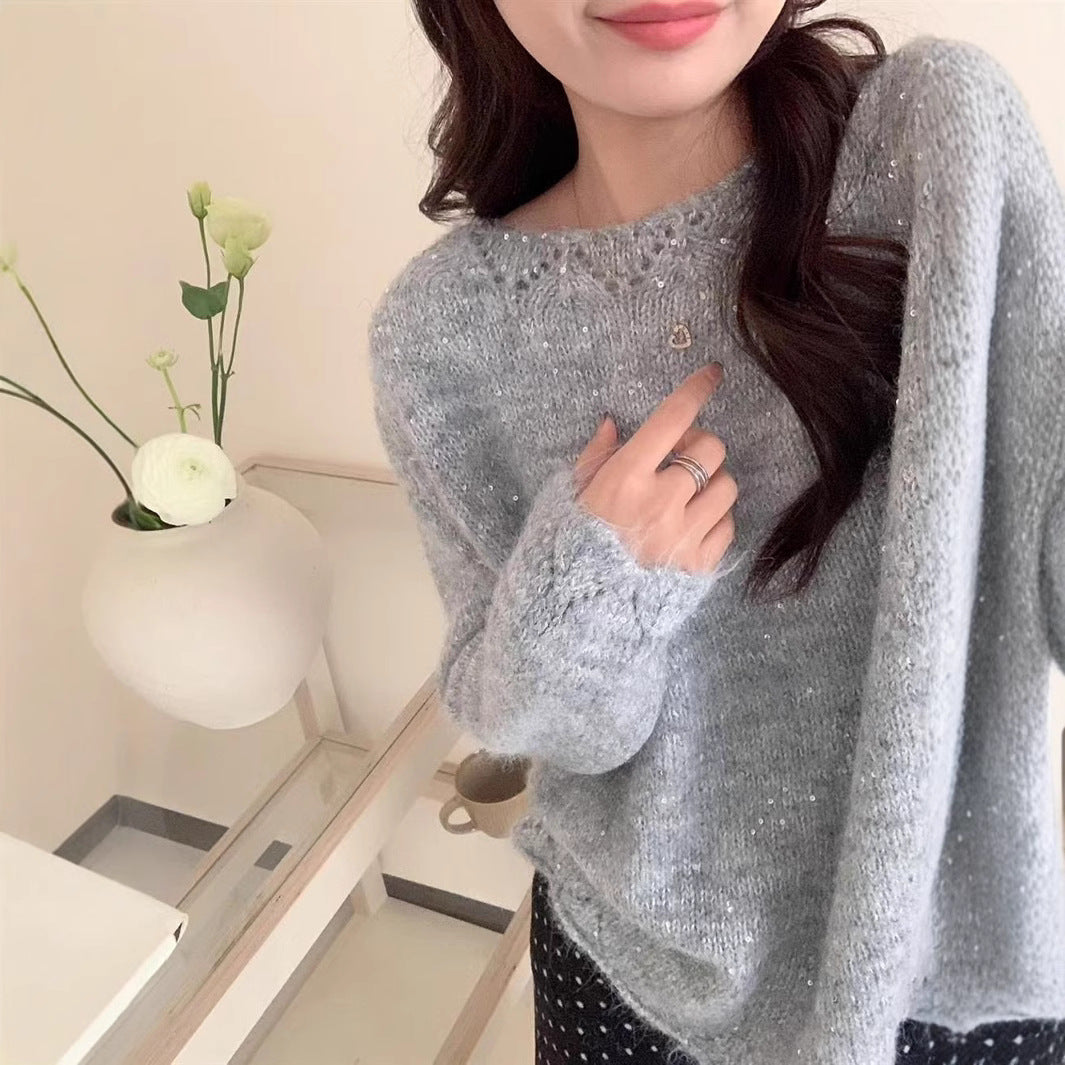 Damen Flauschiger Strickpullover mit glänzenden Akzenten und lockerem Schnitt EB