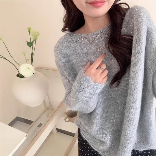 Damen Flauschiger Strickpullover mit glänzenden Akzenten und lockerem Schnitt EB