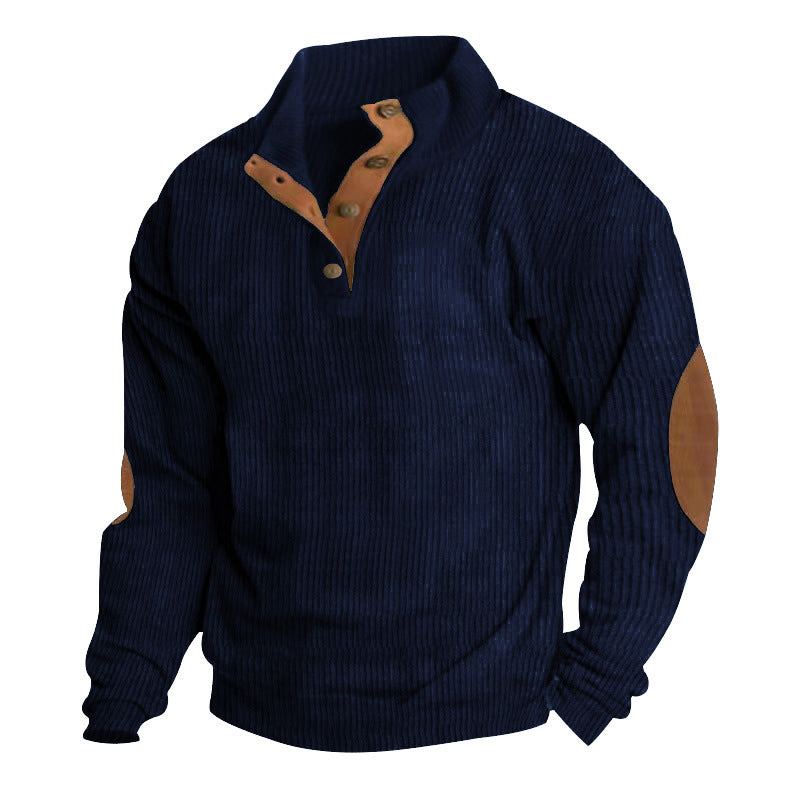 Herren nan rustikaler gerippter Pullover mit Henley-Kragen und lederartigen Ellbogenbesätzen EB