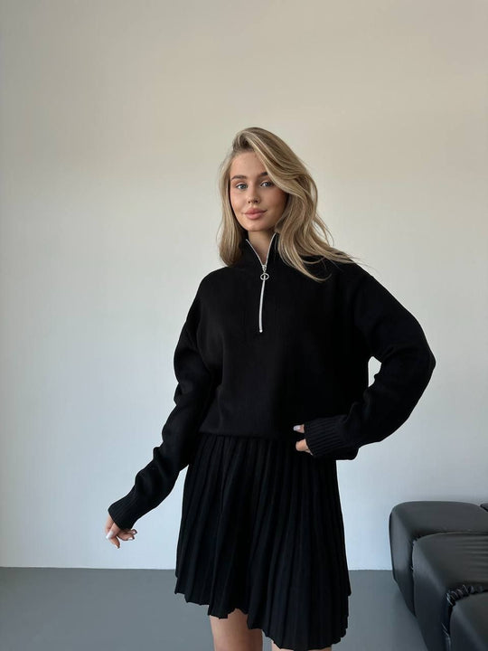 Damen gemütliches Strick-Set mit Reißverschluss-Pullover und plissiertem Rock EB