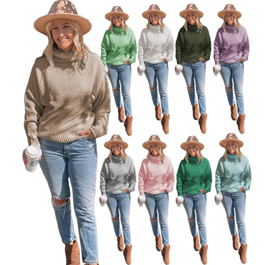 Damen kuscheliger Strickpullover mit hohem Kragen und luftiger Struktur EB