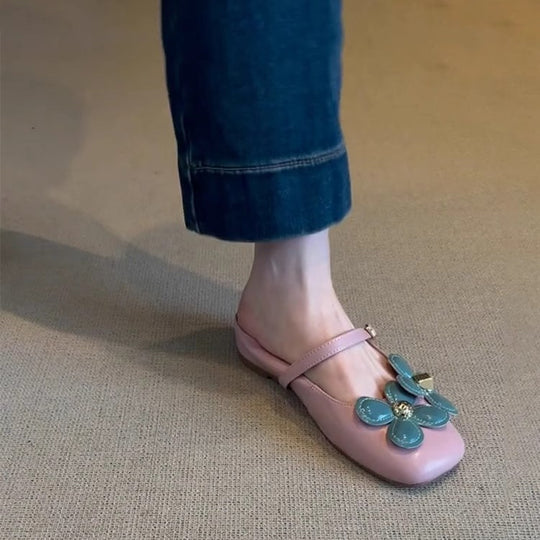 Damen edle Ballerina-Schuhe mit dekorativem Blumen-Design und komfortablem Riemchen EB